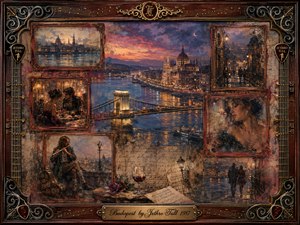 A nostalgic painterly collage portrays Budapest at twilight, centered on the glowing Chain Bridge and Danube beneath a violet-orange sky. Rosewood frames hold romantic encounters, rain-slicked streets, a flutist, and wistful portraits. Warm lamplight, amber reflections, handwritten music, roses, and ornate musical details create a tender, cinematic atmosphere.