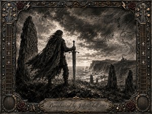 A lone cloaked warrior grips a broadsword on a storm-lashed coastal moor, surrounded by ancient standing stones and distant cliffs. Deep charcoal textures, smoky grays, muted sepia, and subtle gold accents create a brooding medieval mood. Windblown clouds, ghostly musical notes, and an ornate metal frame intensify the dramatic atmosphere.