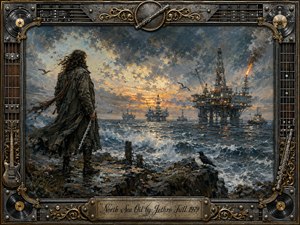 A windswept figure stands on a rugged North Sea shore, facing illuminated offshore oil platforms beneath a turbulent sunset sky. Steel-blue waves crash against dark rocks while orange flare stacks pierce the gloom. Richly textured oil-paint styling, dramatic light, seabirds, and an ornate industrial-musical frame create a brooding, resolute atmosphere.
