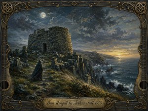 A moonlit coastal ruin rises above storm-dark seas as a solitary cloaked figure approaches through windswept grass and ancient stones. Cool blues, slate grays, muted greens, and golden horizon light create a mystical, melancholy mood. Rich oil-paint textures and an ornate Celtic-inspired musical frame evoke history, solitude, and forgotten legend.