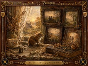A warm brown mouse sits on an aged windowsill surrounded by dried flowers, lace, an antique book, and faded framed memories. Golden sunset light spills across a rustic countryside beyond. Rich sepia, amber, and rosewood tones create a tender nostalgic mood, framed with ornate musical details, records, and an engraved title plate.