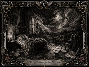 A haunting charcoal dreamscape surrounds an empty iron bed in a dark, weathered room, where moonlit storm clouds swirl into a ghostly face beyond the window. Deep blacks, smoky grays, and muted bronze details create an ominous, restless mood, framed by ornate musical motifs, roses, records, strings, piano keys, and engraved metalwork.