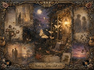 A nostalgic, painterly collage shows luminous moths drifting through a moonlit garden toward a glowing porch lantern. Faded lovers, lace curtains, wilted roses, handwritten music, and autumn leaves surround the scene like memories. Sepia, amber, smoky blue, and dusty rose tones glow within an ornate gold-and-iron musical frame.