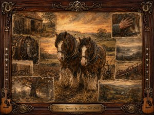 Two powerful draft horses stand harnessed in a golden rural landscape, surrounded by faded farm memories, weathered barns, plows, leather tack, and rolling fields. Warm sepia, amber, and earthy brown tones create a nostalgic mood. Painterly textures, sunset light, ornate rosewood framing, guitars, and brass details evoke enduring rural tradition.