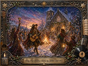 A richly textured oil painting captures a joyous winter solstice festival in a snowy village, where bell-ringers, dancers, lantern bearers, and a wandering guitarist gather around a glowing bonfire. Warm gold and amber light contrast with icy blues and violet skies, while an ornate music-themed frame adds festive, vintage folk-rock character.