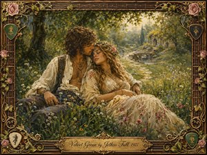 A romantic hippie couple rests among wildflowers in a lush woodland meadow, leaning tenderly together beside a winding stream and distant stone ruins. Warm golden sunlight filters through deep green foliage, creating a dreamy pastoral glow. Rich painterly textures, floral details, roses, guitar-string framing, and ornate gold ornamentation evoke nostalgic 1970s folk romance.