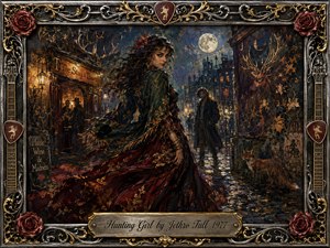 A mysterious woman in flowing burgundy and forest-green garments turns beneath a moonlit city sky, watched by a shadowed man and alert fox. Warm tavern lights shimmer across wet cobblestones against deep blues and golds. Rich oil-painted textures, autumn branches, roses, musical details, and an ornate metallic frame create seductive intrigue. SongData-HuntingGirl-JethroTull-1977
