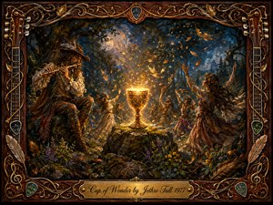 A moonlit woodland gathering surrounds a radiant golden chalice glowing atop a mossy stone, while a flute-playing wanderer and dancing figures celebrate beneath swirling leaves and musical notes. Rich blues, amber golds, and earthy browns create an enchanted folk atmosphere, framed by ornate rosewood, guitar strings, feathers, and intricate metallic details.