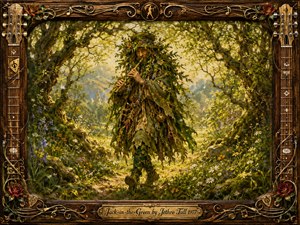 A leafy woodland minstrel strides through a glowing forest clearing, playing a rustic flute beneath twisting moss-covered trees. Golden sunlight filters through lush greens, wildflowers, and drifting petals, creating a mystical, playful mood. Painterly oil textures enrich the scene, while an ornate carved wooden musical frame adds roses, strings, fretwork, and engraved details.