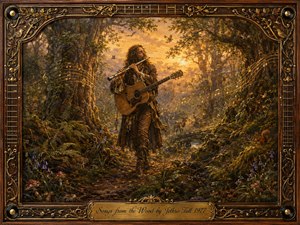 A solitary woodland musician plays flute beneath ancient trees, an acoustic guitar slung across him as golden dusk filters through dense foliage. Warm amber, brown, and forest-green tones create a mystical pastoral mood. Flowing musical notes weave through deer, birds, mushrooms, and ferns, framed by ornate wood, brass, and instrument-inspired details.