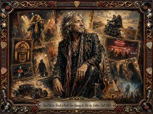 An aging rock musician in weathered leather sits amid a richly layered collage of fading memories: concerts, motorcycles, neon bars, vinyl records, and roaring crowds. Warm amber, sepia, crimson, and smoky blue tones glow beneath theatrical lighting. Ornate rosewood, chrome, gold filigree, roses, instruments, and memorabilia frame the nostalgic painted scene.