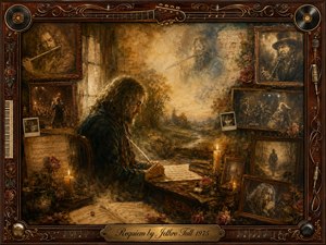 A reflective musician sits at a candlelit desk surrounded by faded portraits, sheet music, roses, and memories of performances. Warm amber, sepia, and muted brown tones create a tender, elegiac mood. Painterly textures blend oil, acrylic, and watercolor effects, while an ornate rosewood musical frame encloses the nostalgic composition.