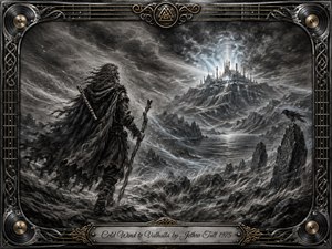 A lone cloaked traveler faces a distant glowing Valhalla across a storm-lashed northern wilderness. Fierce winds sweep snow and mist through jagged rocks, standing stones, and dark water beneath brooding skies. Deep charcoal textures, icy silver highlights, a perched raven, and an ornate metallic musical frame create a mythic, haunting atmosphere.