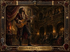 A flamboyant minstrel performs with an ornate acoustic guitar inside a shadowy, aristocratic gallery filled with attentive onlookers. Warm amber candlelight cuts through deep browns, burgundy, and antique gold. Rich oil-paint textures, carved architecture, roses, guitar strings, and gilded ornamentation create a theatrical, mysterious atmosphere framed like a treasured Renaissance portrait.