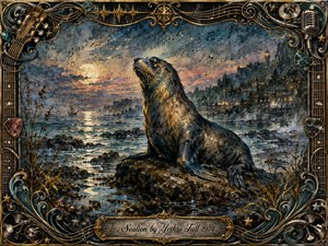 A majestic sea lion rests on dark coastal rocks beneath a glowing moon, surrounded by misty water, distant harbor lights, and drifting musical notes. Deep teal, slate blue, gold, and smoky gray create a mysterious, lyrical mood. Watercolor textures blend with ornate metallic framing, guitar details, stars, and a centered engraved title plate.