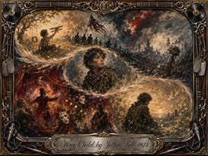 A haunting young war child stands at the center of a sweeping S-shaped collage, surrounded by ruined battlefields, soldiers, a distant childhood, and a surreal theatrical world. Warm amber, crimson, charcoal, and smoky gray tones glow beneath dramatic light, while expressive painterly textures and an ornate musical frame deepen the nostalgic, tragic atmosphere.