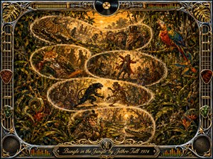 A richly detailed jungle fable unfolds through feathered S-shaped vignettes filled with prowling cats, scheming monkeys, colorful birds, and theatrical animal characters. Warm amber sunset light filters through dense green foliage, creating a mischievous, adventurous mood. Gouache-like textures, intricate ink lines, and an ornate chrome-and-gold musical frame complete the composition.