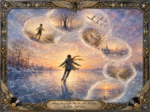 A lone skater glides across fragile blue ice toward a glowing winter sunrise, surrounded by luminous feather-edged memory bubbles curving in an S-shaped path. Soft lavender, gold, and icy blue tones create a reflective, hopeful mood, while painterly textures, distant villages, clocks, birds, and an ornate musical frame suggest time, memory, and renewal.