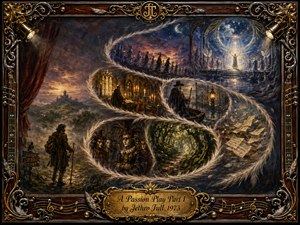 A richly textured oil painting follows a lone traveler through feather-edged scenes of masked performers, candlelit chambers, forests, drifting pages, and a celestial procession. Deep burgundy, moss green, midnight blue, and glowing gold create a mystical theatrical mood, framed by ornate rosewood, metalwork, musical details, and an engraved title plate.