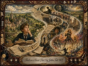 A contemplative schoolboy sits amid a richly painted English countryside as swirling ribbons of newspapers, sheet music, memories, and theatrical figures form an elegant S-shaped journey around him. Warm golds, earthy greens, smoky blues, and dramatic amber light create a nostalgic, restless mood, framed by ornate musical hardware and engraved metalwork.