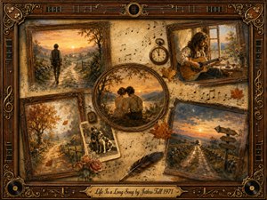 A nostalgic rosewood-framed collage captures life as a winding musical journey through autumn landscapes, childhood memories, romance, solitude, and quiet creativity. Warm amber, sepia, and muted blue tones glow in soft sunset light, while vintage photographs, sheet music, roses, a pocket watch, feather quill, guitar, and ornate gold details deepen the reflective mood.