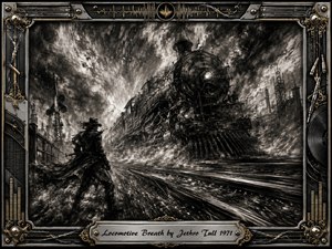 A massive steam locomotive surges forward through a storm-dark industrial landscape, confronting a lone shadowed figure beside the tracks. Deep feathered charcoal textures create urgency, smoke, and turbulent motion in stark black, gray, and white. Metallic musical details and gold accents enrich the ornate frame, while the engraved title plate anchors the dramatic composition.