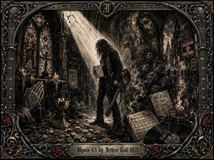A solitary musician stands beneath a piercing shaft of light inside a ruined gothic sanctuary merging with a bleak city street. Deep charcoal textures, ash gray shadows, sepia tones, muted crimson, and antique gold create a brooding spiritual mood. Stained glass, coins, candles, hymn pages, ghostly faces, and ornate musical framing enrich the haunting composition.