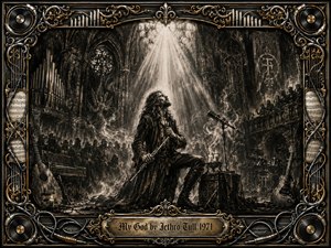 A lone flutist kneels within a shadowy Gothic cathedral, gazing into a shaft of radiant light as smoke curls through the congregation. Deep charcoal blacks, sepia browns, and muted golds create a solemn, questioning mood. Intricate organ pipes, guitars, records, cables, and ornate metallic framing reinforce the dramatic progressive-rock atmosphere.
