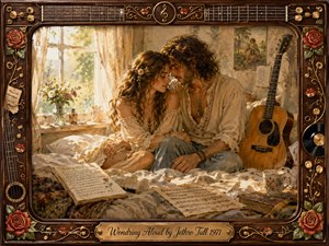 A tender bohemian couple sits closely on rumpled bedding in a sunlit cottage room, surrounded by handwritten music, flowers, and an acoustic guitar. Warm gold, cream, rose, and earthy tones create a nostalgic, intimate mood. Soft painterly textures blend oil, acrylic, and watercolor, framed by ornate musical and floral details.