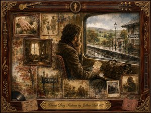 A solitary traveler sits beside a rain-streaked train window, holding a worn ticket while a quiet English station passes outside. Sepia browns, muted golds, and soft blue-gray light create a wistful mood. Faded photographs, railway memories, autumn scenery, and musical details surround him in a richly textured vintage rosewood frame.