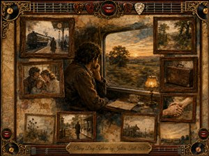 A solitary traveler sits beside a train window at sunset, surrounded by framed fragments of fading memories-family, stations, countryside, luggage, and clasped hands. Warm sepia, amber, and muted blue tones create a wistful, reflective mood. Painterly textures, soft lamplight, ornate rosewood framing, musical details, and the engraved title plate complete the nostalgic composition.