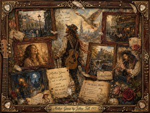A wandering folk musician stands amid faded European memories, surrounded by canal streets, cafe scenes, roses, drifting feathers, sheet music, and a flying goose. Warm sepia, gold, muted crimson, and blue-gray tones glow in soft twilight. Layered oil, acrylic, and watercolor textures create a nostalgic, whimsical collage within an ornate musical frame.