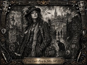 A mysterious bohemian woman stands in a shadowy cobblestone street beside an old school gate, surrounded by weathered posters, drifting feathers, a watchful cat, and distant rooftops. Deep charcoal textures, smoky lighting, and muted gold accents create a gritty 1970s folk-rock mood, enclosed by an ornate music-themed frame.