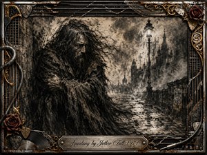 A brooding, windswept wanderer stands against a grim Victorian cityscape of wet streets, distant towers, and smoky skies. Deep charcoal textures, muted browns, blacks, and tarnished metallic tones create a bleak, haunted mood. An ornate frame of strings, picks, roses, cables, and weathered metal surrounds the dramatic portrait.