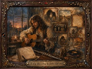 A solitary long-haired musician sits beside a rain-streaked window, quietly playing acoustic guitar amid faded framed memories, handwritten lyrics, a flute, and vinyl records. Warm amber, sepia, and smoky blue tones create a wistful mood, while soft painterly lighting and an ornate rosewood-and-gold musical frame evoke tender nostalgia.