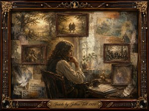 A solitary long-haired figure sits thoughtfully in a warmly lit, timeworn room surrounded by faded photographs, handwritten pages, and framed memories. Sepia browns, muted golds, and smoky creams create a nostalgic mood. Painterly oil-and-watercolor textures, soft window light, feathers, musical motifs, and an ornate instrument-inspired frame deepen the reflective atmosphere.