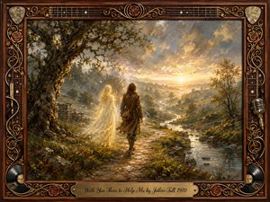 A solitary traveler follows a glowing, ethereal companion through a rugged river valley toward a radiant sunset, suggesting guidance, memory, and hope. Warm golds, earthy browns, muted greens, and silvery light shape the richly textured oil-painted scene, framed by rosewood, guitar strings, roses, records, and ornate musical details.