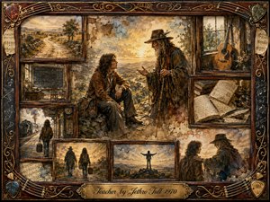 A nostalgic painted collage centers on a young traveler listening to an elderly teacher on a sunlit hillside, surrounded by faded memories of roads, classrooms, trains, books, and music. Warm browns, golds, sepia, and smoky blues glow in soft afternoon light, framed by ornate rosewood, strings, sheet music, and engraved brass.