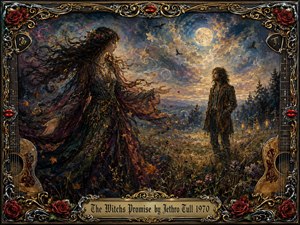 A mysterious witch reaches toward a solitary man in a moonlit meadow beneath swirling clouds and a glowing full moon. Rich blues, golds, burgundy, and autumn tones create an enchanted, romantic mood. Painterly textures blend oil and acrylic effects, framed by ornate chrome, gold filigree, roses, guitars, and red lips.