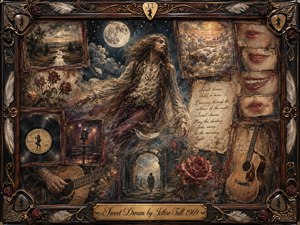 A dreamlike bohemian figure drifts beneath a glowing moon, surrounded by faded memories of roses, red lips, winding roads, guitars, vinyl, and handwritten notes. Deep blues, sepia browns, burgundy, and antique gold create a nostalgic, mysterious mood, while layered oil, acrylic, and watercolor textures enrich the ornate musical frame.