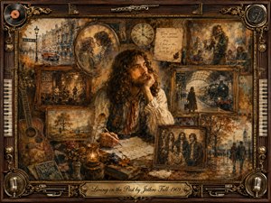 A contemplative, long-haired musician sits amid layered memories of 1960s life, surrounded by framed street scenes, railway travel, folk performances, romance, and faded photographs. Warm amber, sepia, and brown tones glow under soft nostalgic light, while richly textured painterly details, antique wood, brass ornament, instruments, and memorabilia deepen the wistful atmosphere.
