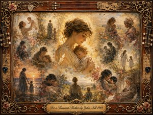 A luminous mother cradles a sleeping child at the center of a nostalgic collage, surrounded by tender scenes of motherhood across generations. Warm gold, sepia, rose, and muted green tones glow through soft painterly light. An ornate rosewood-and-gold musical frame, feathers, flowers, and delicate details deepen the timeless, affectionate mood.