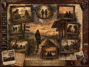 A weathered traveler walks toward a quiet railway station at sunset, surrounded by framed memories of friendship, music, romance, and countryside wanderings. Warm amber, sepia, and muted blue tones create a wistful mood. Painterly textures, antique rosewood frames, guitar details, faded photographs, and soft golden light evoke cherished moments slipping gently into the past.