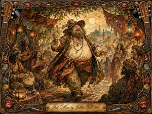 A joyful, rotund minstrel dances through a lively bohemian festival surrounded by musicians, lanterns, patterned fabrics, and cheering figures. Warm ochres, russets, moss greens, and deep reds glow beneath golden light. Rich watercolor and ink textures create a nostalgic folk-psychedelic mood, framed by ornate guitars, strings, red lips, and gilded musical details.