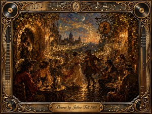 A richly textured Baroque courtyard glows beneath a dusky amber sky as musicians and dancers gather among candlelit tables. Golden musical notes sweep through the scene in elegant curves, echoing the lively flute melody. Deep browns, bronze, and warm highlights create a nostalgic oil-painted atmosphere within an ornate music-themed frame.