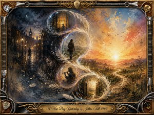 A surreal musical dreamscape moves from a rain-darkened city into a glowing sunrise, linked by feathered bubbles forming a graceful S-curve. Solitary figures, a flutist, open doorways, and drifting notes suggest memory and renewal. Rich blues, amber, gold, and rose tones glow within textured oil-and-watercolor brushwork and an ornate instrument-themed frame.