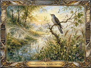 A singing cuckoo perches on a graceful woodland branch above a reflective stream, surrounded by wildflowers, reeds, and soft morning foliage. Warm golden sunlight filters through misty trees as flowing musical notes drift across the scene. Delicate watercolor textures, muted greens, blues, and golds create a lyrical, pastoral mood within an ornate musical frame.
