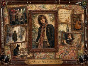 A richly textured 1960s memory collage centers on a thoughtful young musician in an ornate rosewood frame, surrounded by faded scenes of London streets, live performance, acoustic guitar, flute playing, and a quiet cat by a window. Warm amber, sepia, floral patterns, and aged lighting create a nostalgic, bohemian atmosphere.