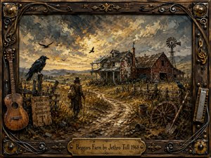 A weathered farmstead stretches beneath a turbulent golden-gray sky, where a lone traveler walks toward crumbling barns as ravens circle overhead. Earthy browns, rust reds, charcoal shadows, and muted gold create a bleak, reflective mood. Thick oil-paint textures, weathered fences, musical instruments, and ornate wood-and-metal framing give the scene rugged vintage character.