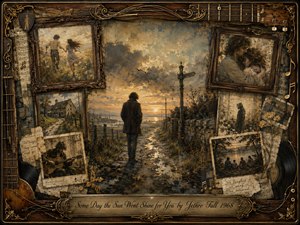 A solitary figure walks a rain-darkened country path beneath a fading amber sky, surrounded by sepia memories of love, music, friendship, and home. Ornate rosewood frames, sheet music, guitar strings, photographs, and vinyl details create a nostalgic collage. Warm browns, muted golds, and soft blue-grays deepen the bittersweet, painterly mood.